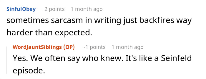 Reddit comments discussing how sarcasm in writing can backfire, related to a restaurant and a snarky letter.