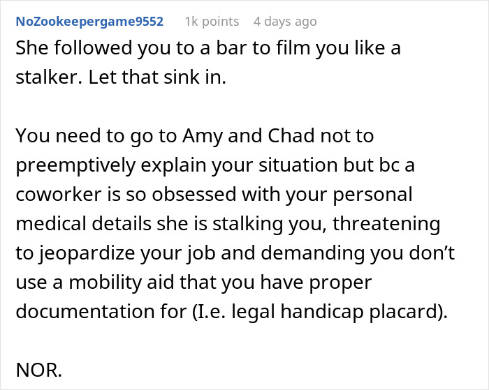 Woman films coworker after work trying to prove she&rsquo;s not actually disabled, capturing the confrontation and stalking behavior.