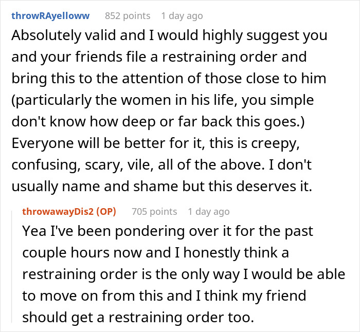 Online text conversation about restraining orders and the impact of an internet troll on a woman's life and others.