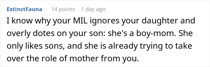 Reddit comment screenshot about MIL favoring son and trying to take over mother role, mom takes her baby