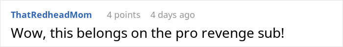 Comment by ThatRedheadMom expressing surprise and suggesting the post belongs on a pro revenge subreddit forum.