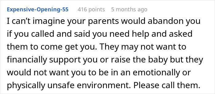 Reddit comment discussing emotional and physical safety concerns from a 25-year-old mom trapped with her 52-year-old partner.