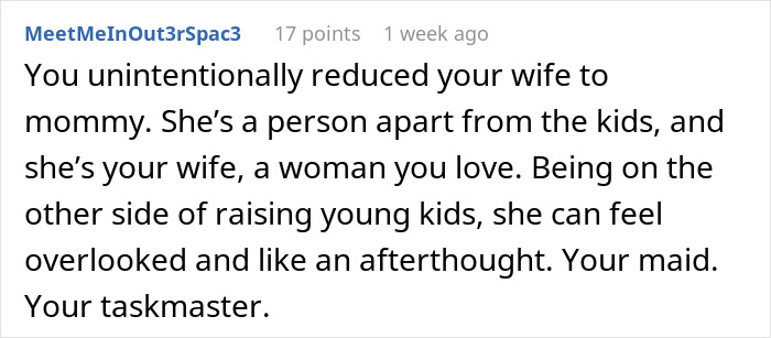 Reddit user explains why husband's note to wife about family roles feels hurtful and causes emotional conflict online.