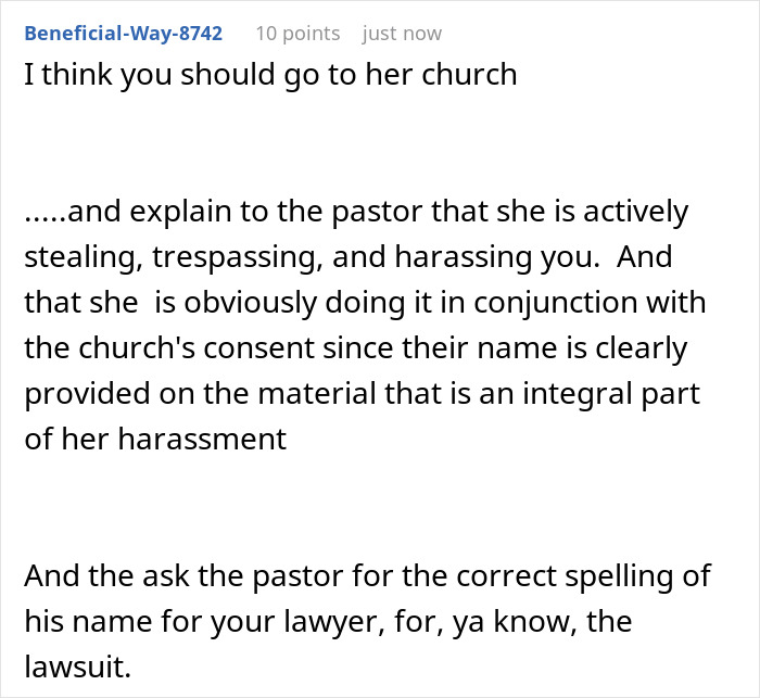 Comment discussing going to a church about a neighbor&rsquo;s religious pamphlet police harassment and potential lawsuit.