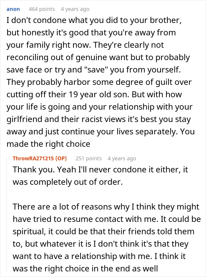 Online discussion about family deciding to forgive man for beating his brother but facing tone issues and strained relationships.