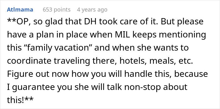 Comment discussing concerns about husband and mother-in-law planning a family vacation during honeymoon surprise.