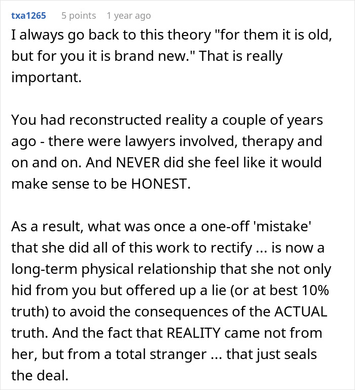 Comment discussing a man discovering his wife&rsquo;s cheating was a long-term secret, not a one-time incident.