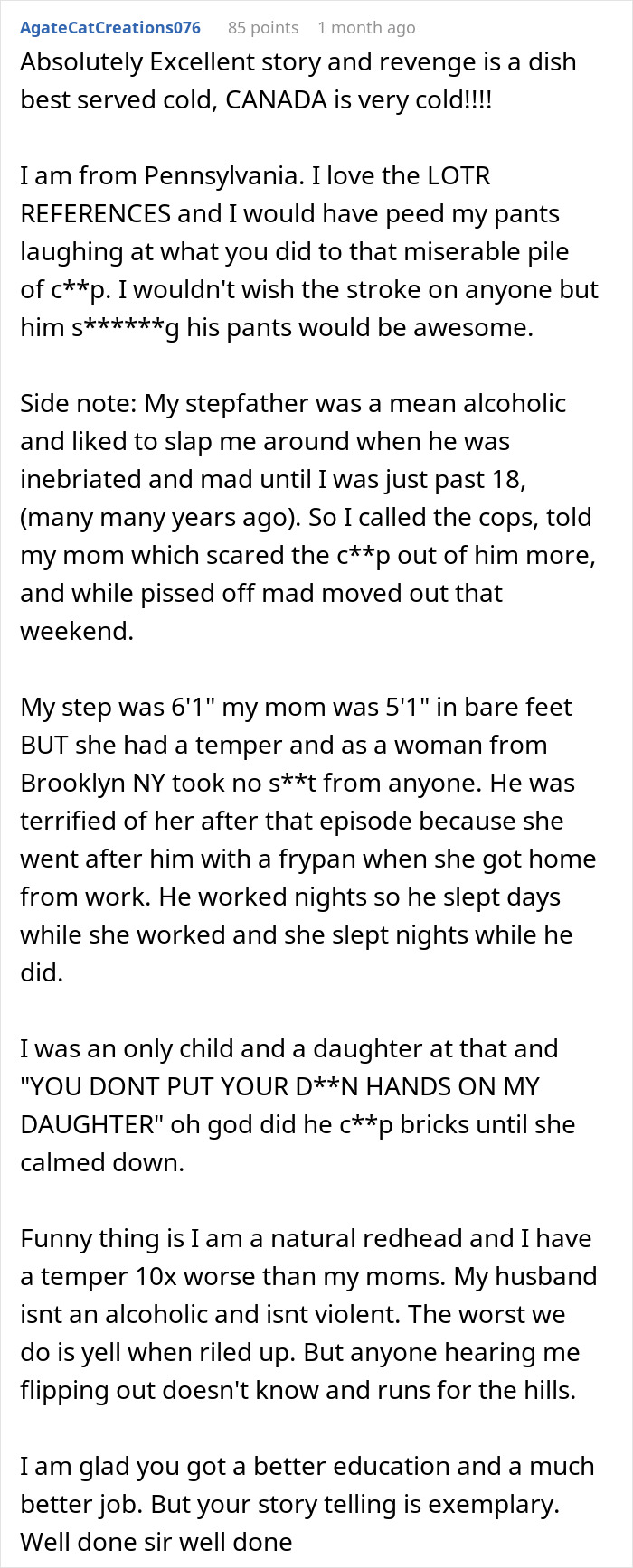 Comment praising a story about workplace revenge theatrics that scared a bully so badly he soiled his pants.