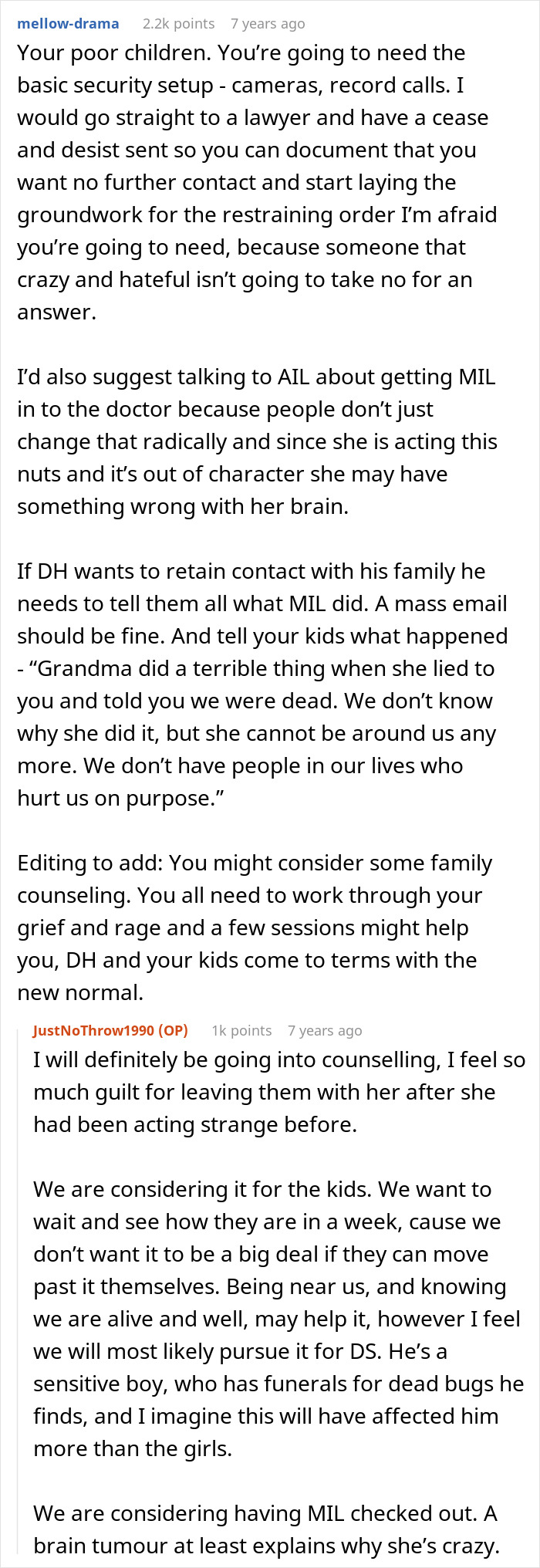 Online discussion about MIL telling kids their parents passed away leading to family counseling and legal actions advice