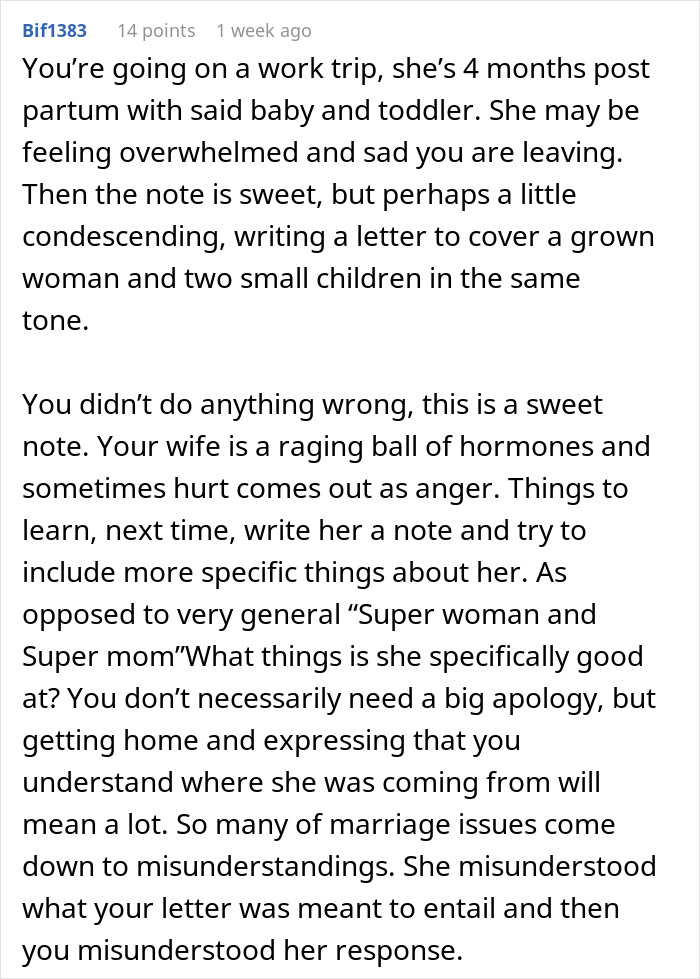 Comment explaining why husband's note to wife causes misunderstanding and anger during postpartum period.