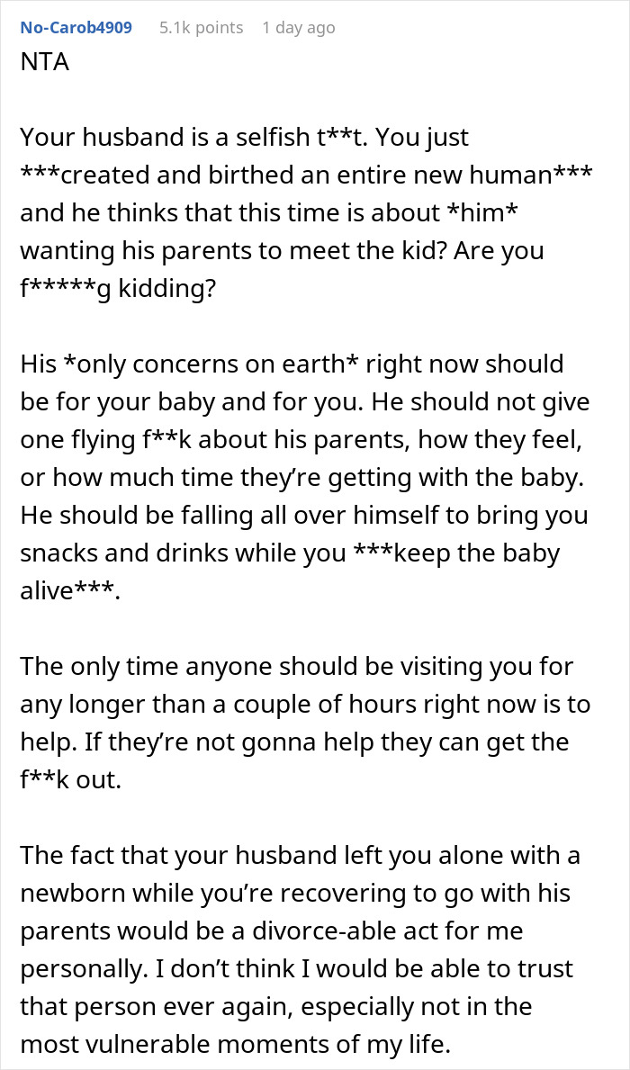 Comment criticizing husband and in-laws for not helping new mom with baby, stressing her struggles and need for support.