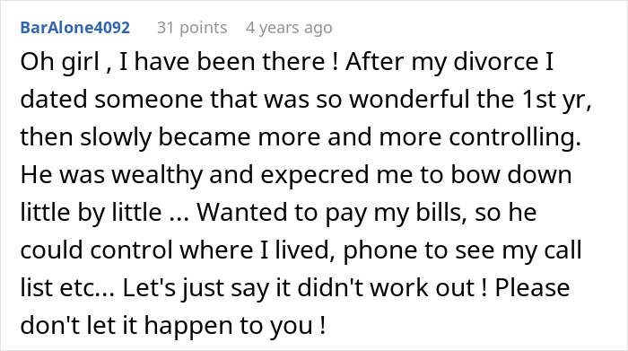 Screenshot of a forum comment discussing boyfriend fears about golddiggers and relationships turning controlling.