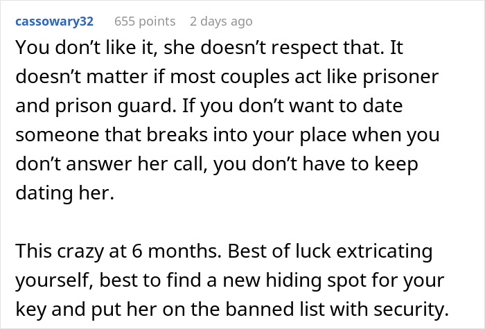 Screenshot of a Reddit comment discussing a man feeling creeped out after his girlfriend uses a hidden key to enter his home.