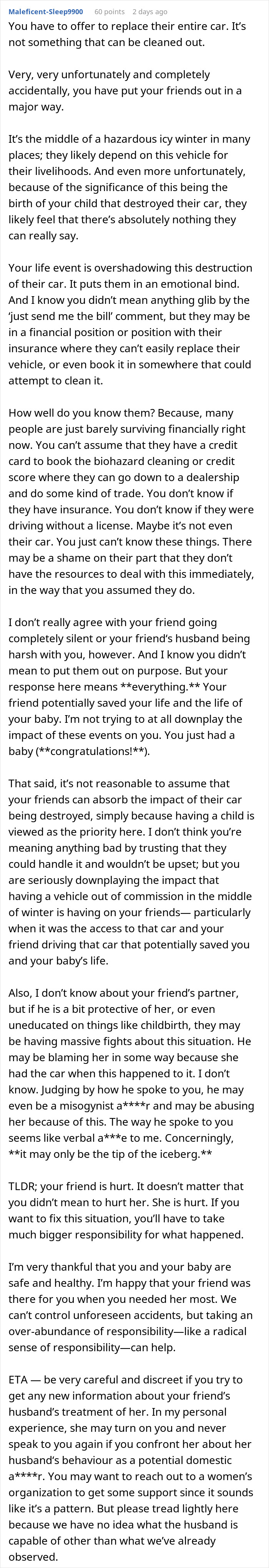 Woman giving birth in friends' car, looking confused as friends begin to ignore her after the event.