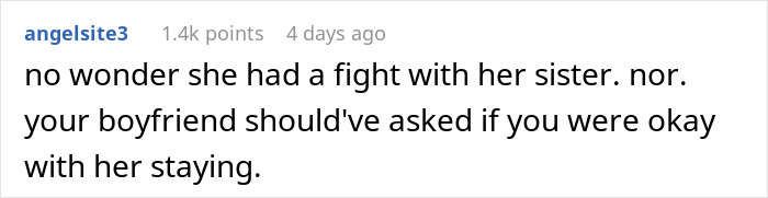 Screenshot of an online comment discussing a woman feeling like a guest in her own home after boyfriend&rsquo;s mom moves in.