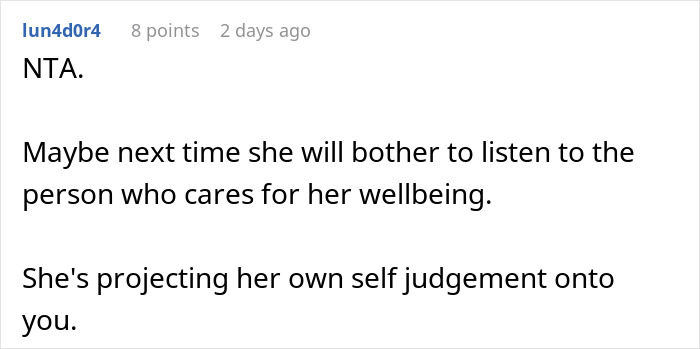 Comment discussing a husband warning wife about a dangerous gift from her mom and her refusal to listen.