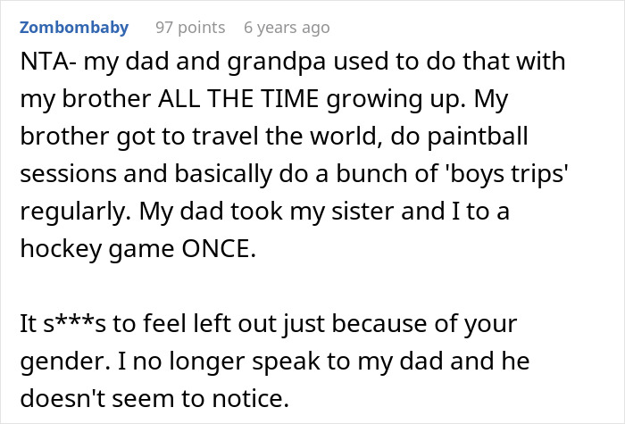 Comment discussing family exclusion and feelings of immaturity after being left out of girl days events.