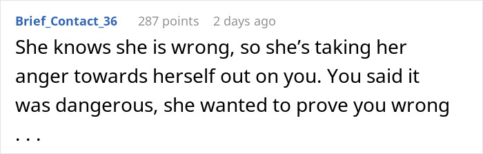 Screenshot of a forum comment discussing a husband telling wife about a dangerous gift from her mom that she ignores.