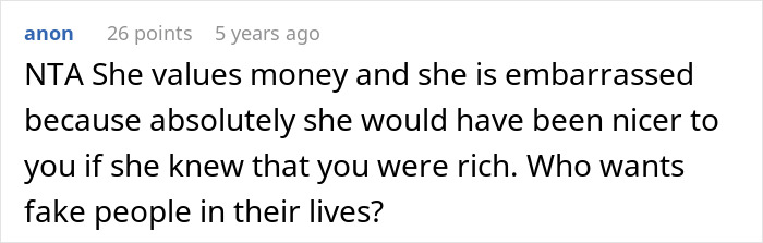 Screenshot of an online comment discussing a woman hiding her finances from her mother-in-law and reactions to wealth.