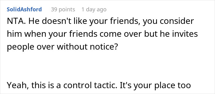 Reddit screenshot: comment calls partner controlling for banning friends &mdash; boyfriend-ban-friends-relationship