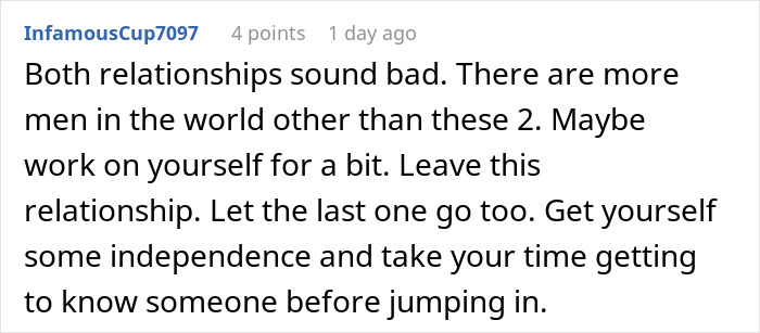Comment from user InfamousCup7097 advising to leave toxic relationships and focus on self-growth before starting new ones. Comment from user InfamousCup7097 advising to leave toxic relationships and focus on self-growth before starting new ones.