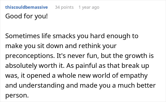 Screenshot of a Reddit comment discussing personal growth and empathy after a breakup involving princess syndrome.
