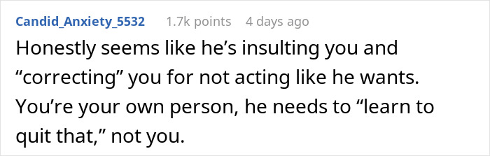 Screenshot of a comment about a husband&rsquo;s strange behavior at dinner and the wife&rsquo;s reaction to it.