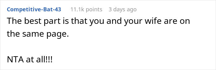 Comment text on a social forum stating the best part is agreement between partners and affirming not the a*****e in a childcare dispute with in‑laws.