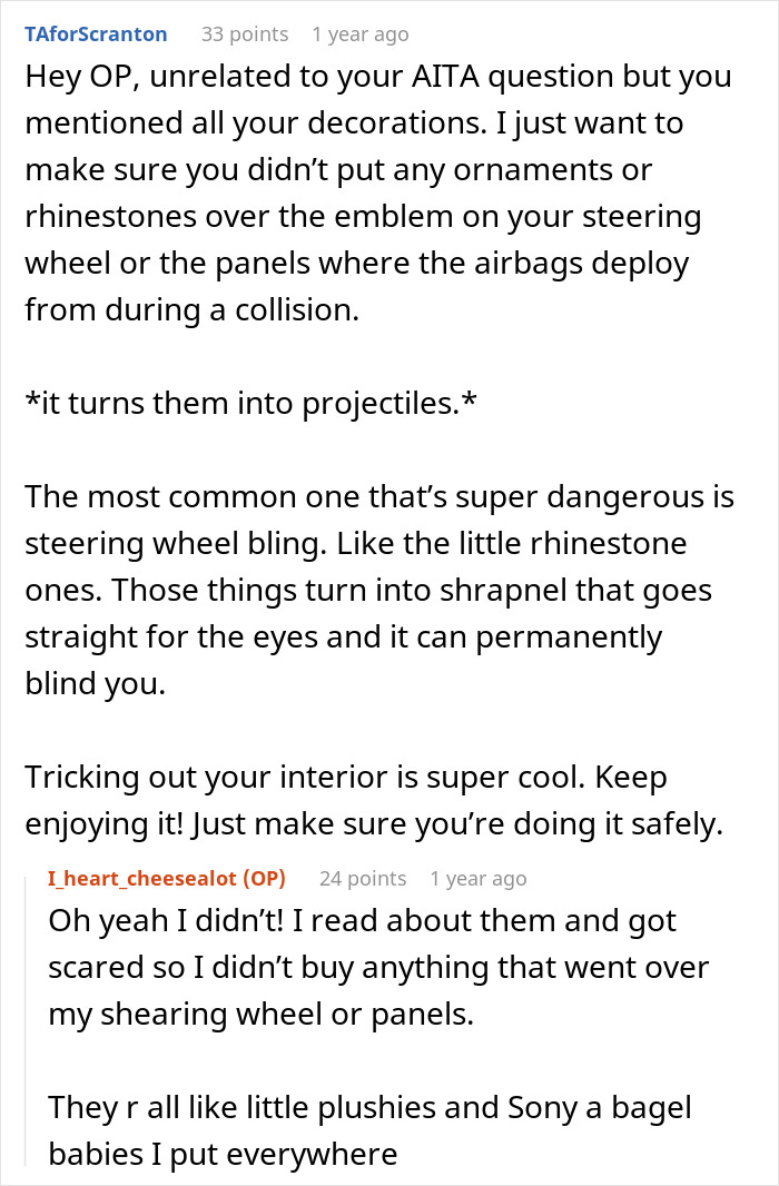 Reddit comment warning about dangers of decorating a girly car&rsquo;s steering wheel with rhinestones that become projectiles.