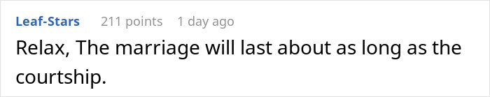 Comment on a forum thread, text discussing marriage duration and courtship, related to bride entering new family drama after excluding sister-in-law.