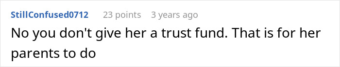 Screenshot of an online comment discussing that a step-daughter trust fund is typically set up by her parents.