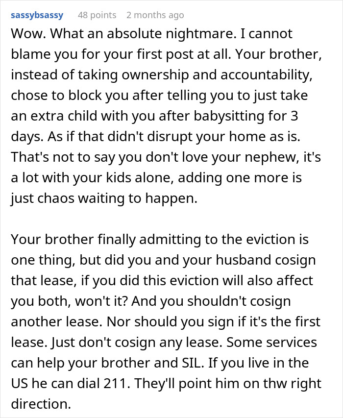 Reddit comment describing a mom of 6 stressed and overwhelmed while babysitting her brother&rsquo;s son whose number she was blocked on.