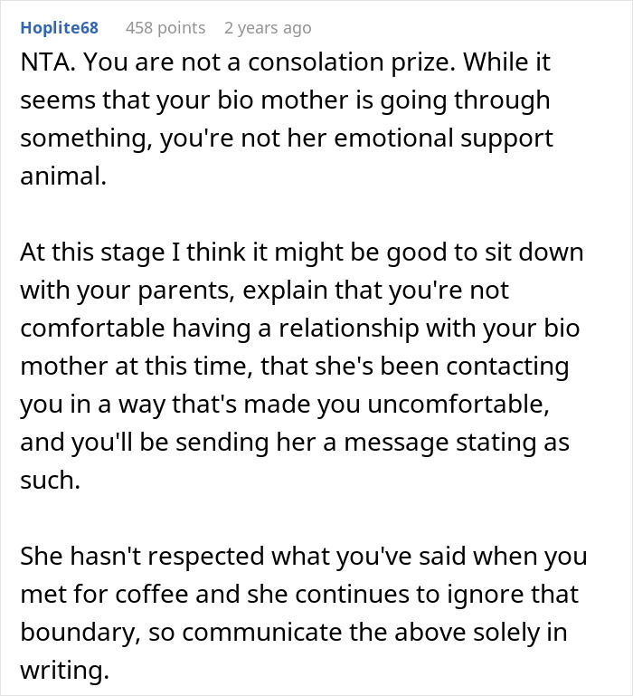 Comment advising teen on setting boundaries with bio mom appearing after 16 years, addressing hurt feelings and relationship expectations.