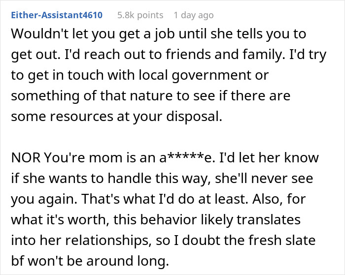 Screenshot of a Reddit comment discussing a mom throwing her child out on the street for a random guy and legal views.