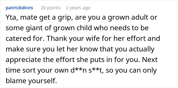 Screenshot of an internet comment criticizing a man for blaming his wife over having no slacks for a business trip.
