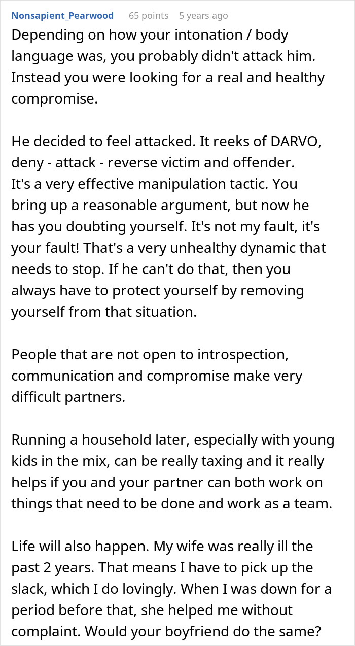 Comment text about relationship dynamics and chores highlighting a man wanting to move in without learning household responsibilities.