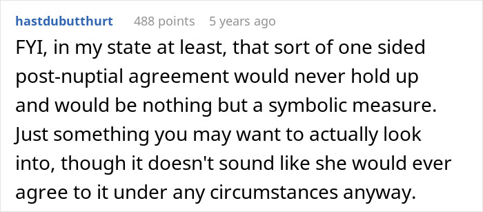 Comment discussing the legality and enforceability of one-sided post-nuptial agreements in an online forum.