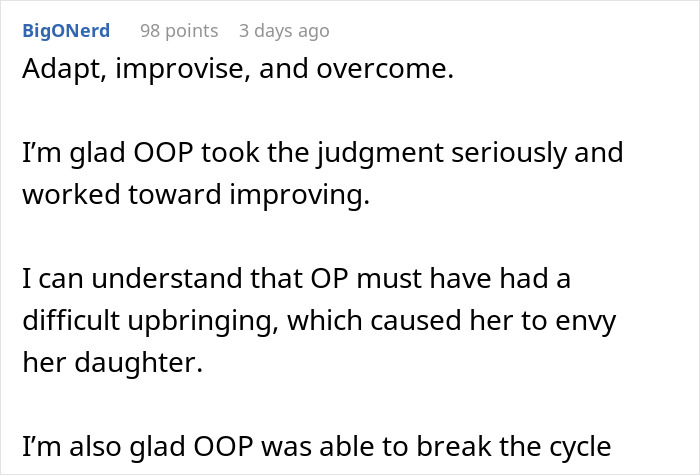 Screenshot of a forum comment discussing a mom’s envy of her daughter for not being a cheerleader but building tiny cottages. Screenshot of a forum comment discussing a mom’s envy of her daughter for not being a cheerleader but building tiny cottages.
