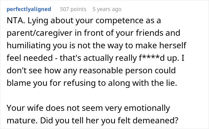Reddit comment screenshot about refusing to lie in front of friends, guy embarrasses wife mentioned