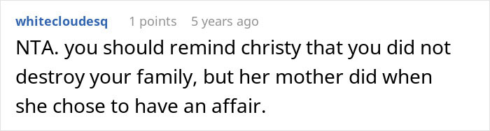 Comment from Reddit user whitecloudesq discussing family conflict during a messy divorce involving a dad feeling guilty and distancing from daughter.