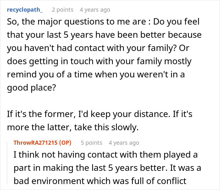 Screenshot of a forum discussion about family forgiveness and the impact of no contact over 5 years after a violent incident.