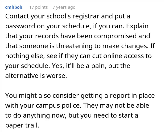 Screenshot of advice on handling a brother's stalker tendencies affecting college, job, and mental health safeguards.