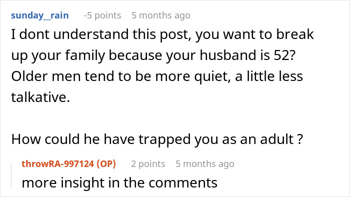 Reddit conversation showing a 25-year-old mom pleading for an escape from her 52-year-old partner after having his baby.