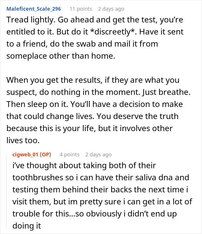 Reddit comments discussing the conflict over a daughter’s DNA test and discreet methods to obtain saliva samples. Reddit comments discussing the conflict over a daughter’s DNA test and discreet methods to obtain saliva samples.