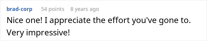 Screenshot of a comment complimenting impressive effort, related to scammer messing with hotel receptionist.