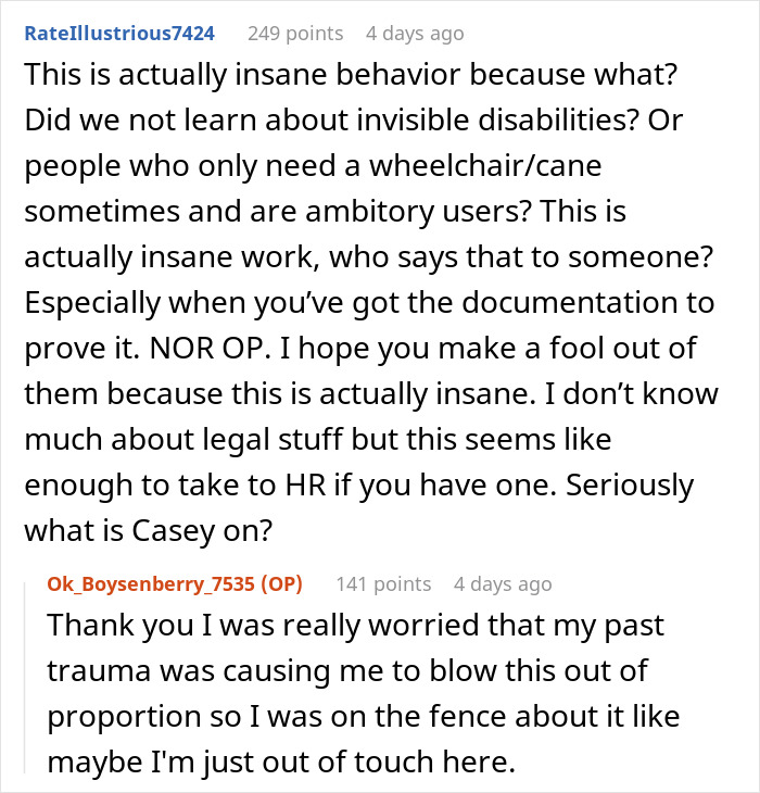Reddit comments discussing coworker filming to prove she&rsquo;s not actually disabled, highlighting invisible disabilities concerns.