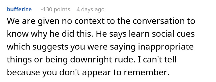 Comment discussing husband's weird behavior and wife's reaction during dinner, highlighting use of past against her.