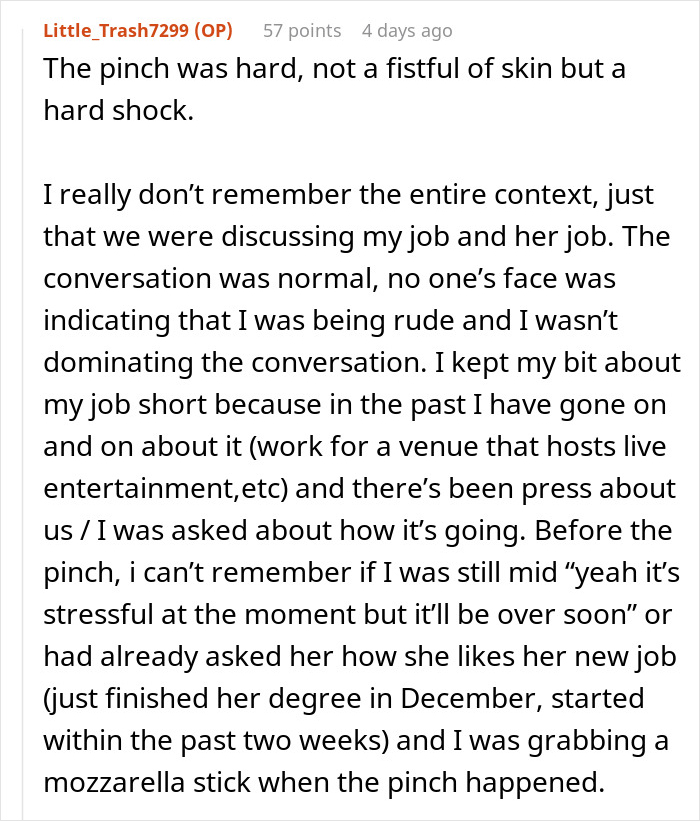 Screenshot of a Reddit post describing a husband&rsquo;s weird behavior at dinner and his wife&rsquo;s reaction to it.