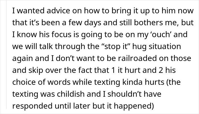 Screenshot of a text message discussing husband's weird behavior and the wife's reaction during a tense dinner conversation.