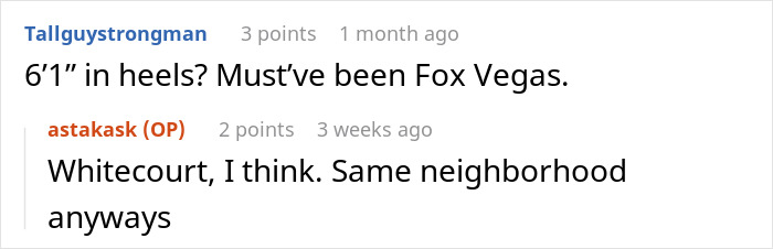 Screenshot of a Reddit conversation about height and location, related to theatrics and workplace bully revenge.